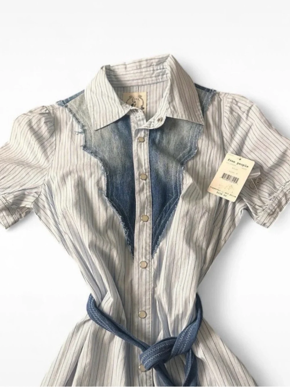 Free People Cream and Blue Striped Denim-Trim Mini Dress - Picture 3 of 4